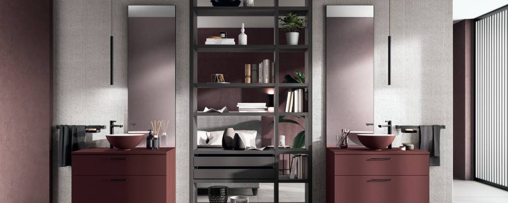 Jaipur Red Fenix Ntm® - "Fluida" Duvar Sistemi, Demir Grisi dekoratif melamin renginde Assist çekmece aksesuarlarıyla birlikte.