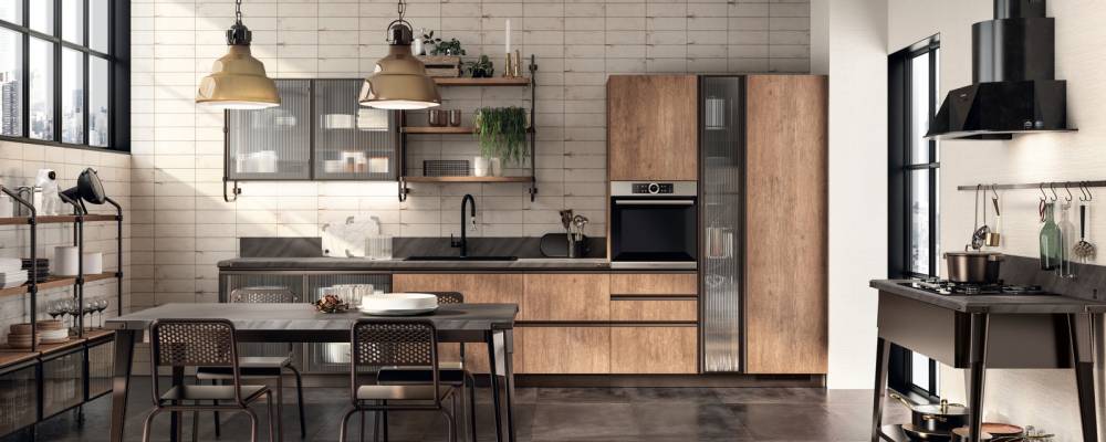 Land Oak dekoratif melamin kapılar ve Nervürlü Camlı Bronz çerçeve kapılar. Peyzaj Meşe dekoratif melamin rafları ile Bronz Stok Raf Sistemi.