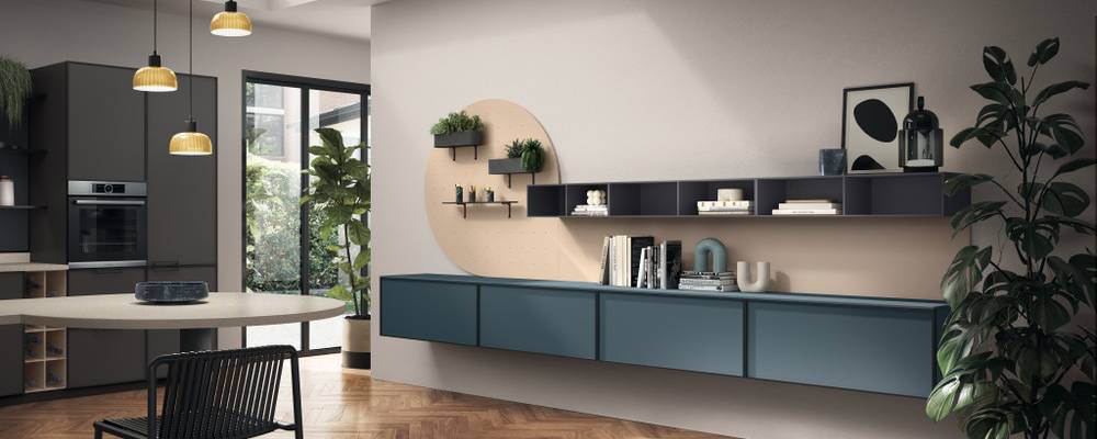 Teal Green mat lake duvara monte alt üniteler - "J_BOX" 0,8 cm kalınlığında Anason dekoratif melamin açık cepheli elemanlar. "J_SYSTEM" aksesuarları ile Macaron laminattan "CIRCLE SYSTEM" duvar paneli