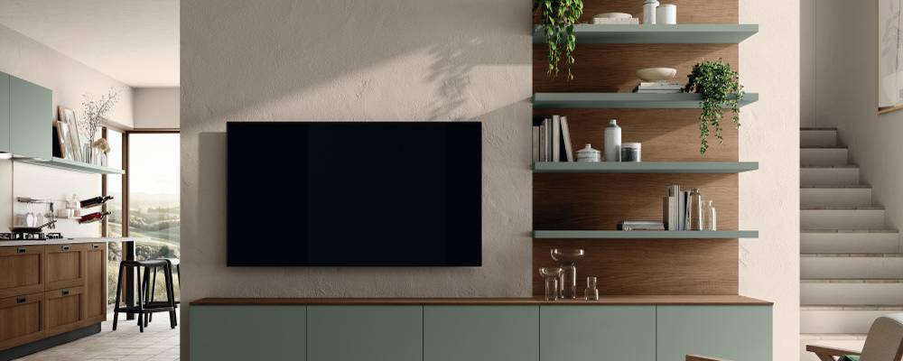 Land Oak dekoratif melamin duvar panelli, Forest dekoratif melamin kapaklı ve raflı oturma odası. 1,2 cm kalınlığında Land Oak laminat üst tabla, profil 3E.